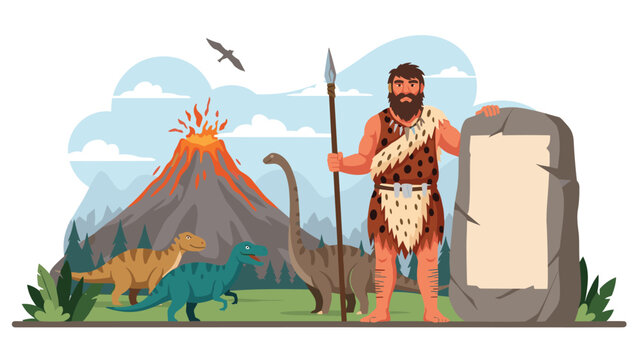 Bearded caveman holding a spear and a stone tablet standing in a prehistoric landscape with volcanoes and dinosaurs.