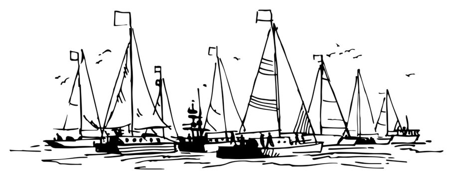 Sailboats with masts and flags on the water in hand drawn sketch style