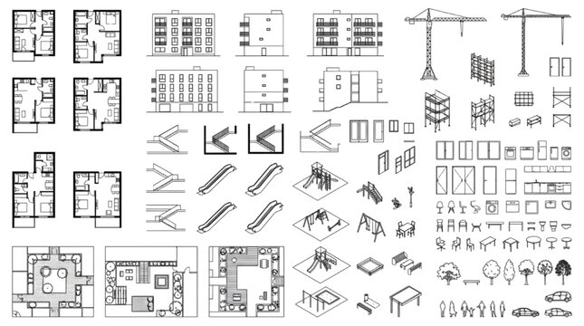 Architectural CAD Block Library with Residential Plans, Facades, Furniture, Playground and Construction Detail Vectors