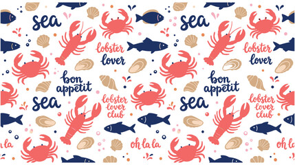 Seamless pattern with hand drawn lobsters crabs fishes and seashells. © NAZMA