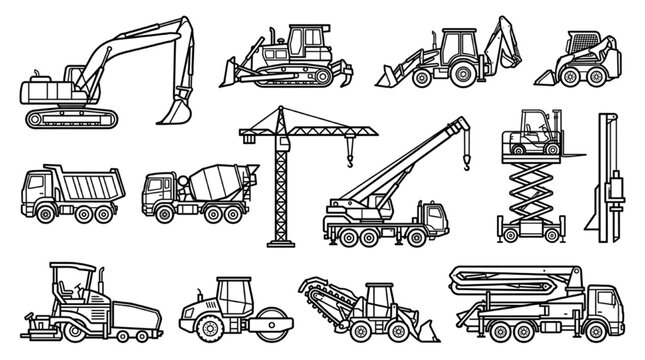 Construction Equipment CAD Vector Collection with Excavators, Cranes, Loaders and Heavy Machinery Elevations