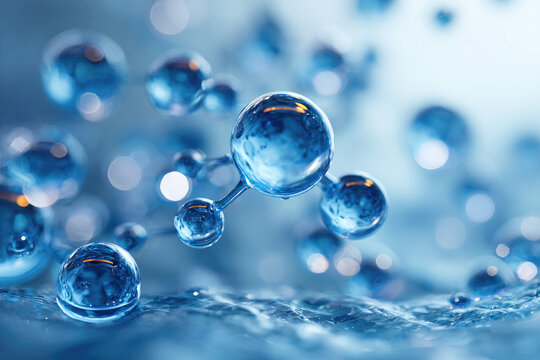 3molecular structure with connected atoms and bonds on a blue background. Science and chemistry concept representing biotechnology, research