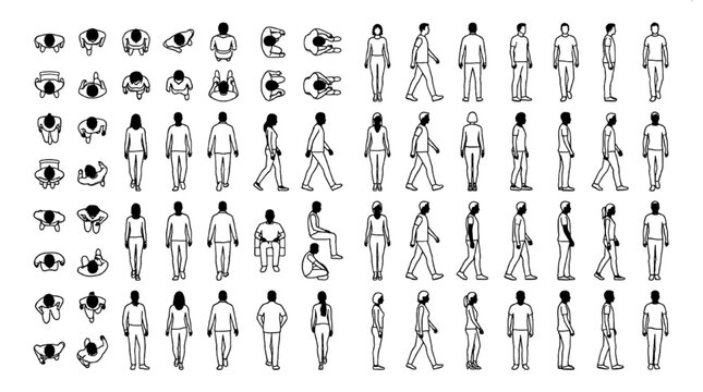 Architectural Human Figure CAD Bundle with Top View, Elevation and Walking Silhouette Reference Vectors
