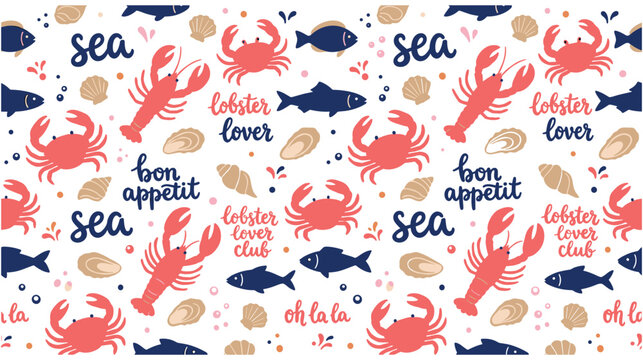 Seamless pattern with hand drawn lobsters crabs fishes and seashells.