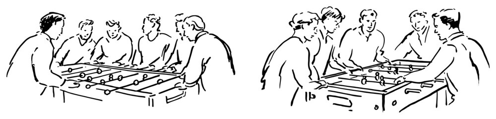 Group of friends playing foosball table football game in sketchy hand drawn style © Celestynka