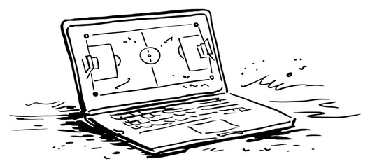 Laptop displaying a soccer field tactical layout in hand drawn sketch style © Celestynka