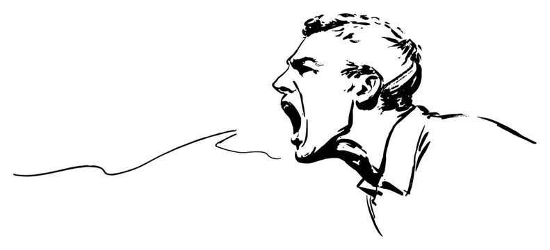 Man screaming loudly with intense emotional expression in sketchy ink style