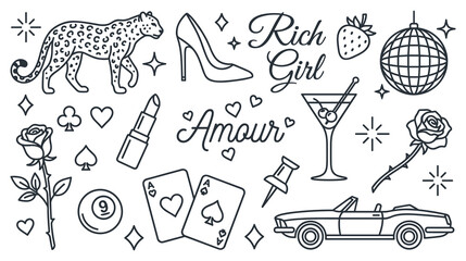 Luxury lifestyle symbols cheetah high heel lipstick cocktail car rose. © NAZMA