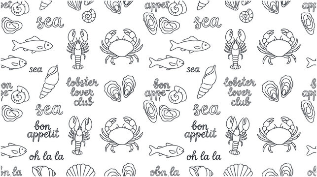Seafood and french phrases with sea life and shellfish elements.