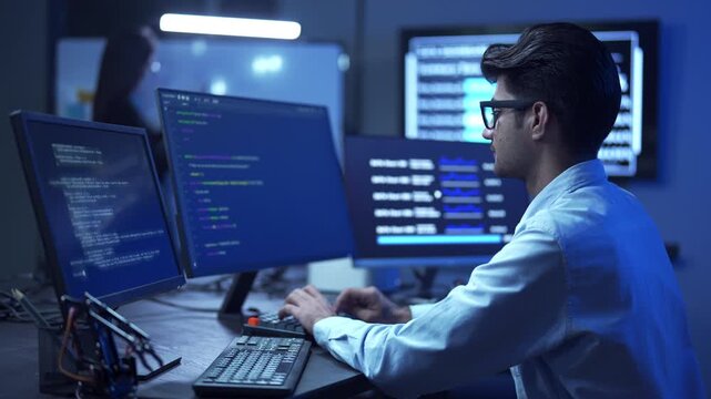 Young male software engineer writing program code on multiple desktop screens while his colleague working in the background in a modern office.