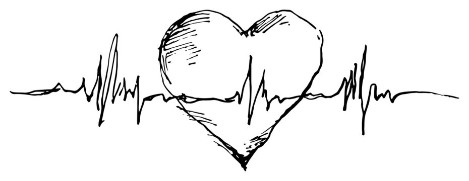 Heart shape with heartbeat ekg pulse line visualization in hand drawn sketch style