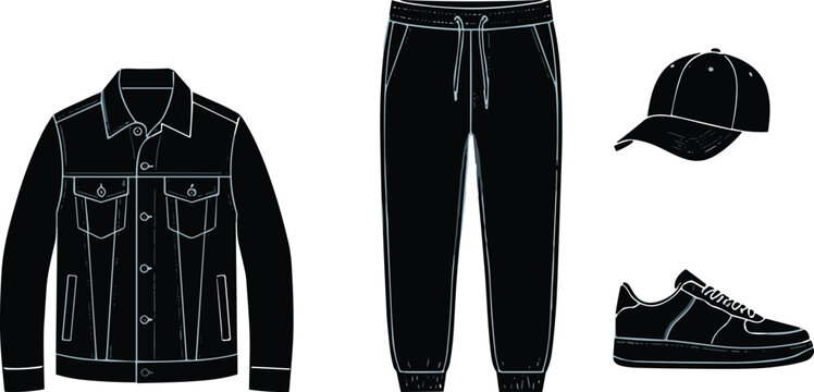 Streetwear Fashion Template Set with Denim Jacket Jogger Pants Cap and Sneakers Technical Illustration