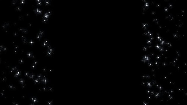Magical glitter particle transition with white twinkling star trails, glowing fairy dust sparkles, shimmering magic light burst, elegant luxury motion graphics on black background seamless loop 4K