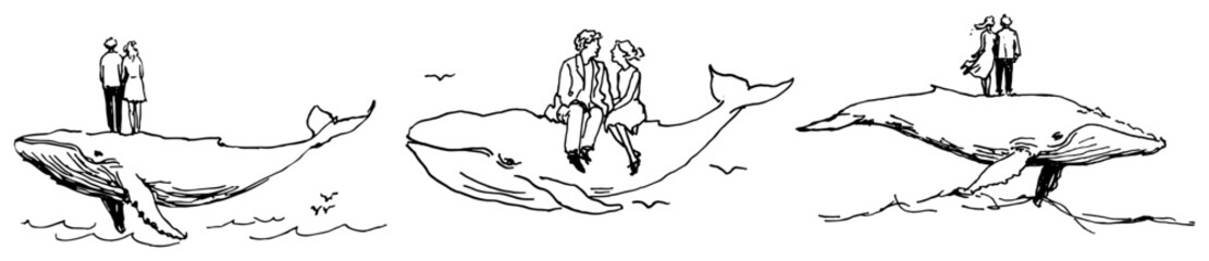 Couple traveling on a giant whale in sea scenes in sketchy hand drawn style © Celestynka