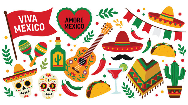 Mexican culture icons and traditional celebration elements set.