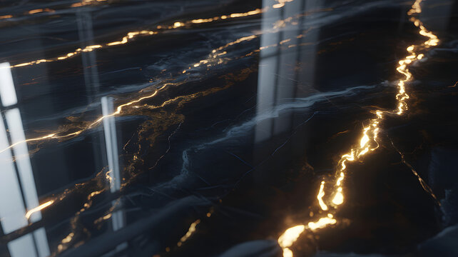 Polished black marble surface with golden veins glowing under soft ambient light