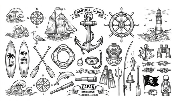 Water sports nautical club vector hand drawn marine sketch collection
