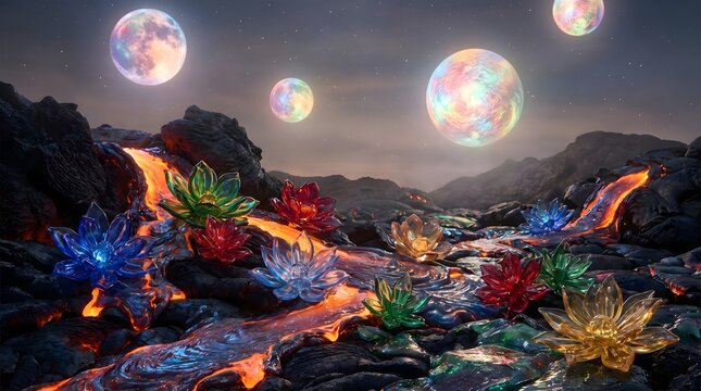 Vibrant crystalline lotus flowers bloom amidst glowing molten lava flows under a surreal night sky filled with multiple colorful planets