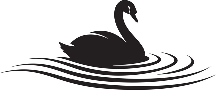 Black swan silhouette, swimming swan icon, water waves, minimalist animal symbol