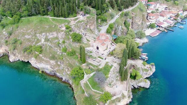 Aerial view on Ohrid lake in North Macedonia on Border with Albania. Drone Video of Coastal City and buildings near water. Top view 