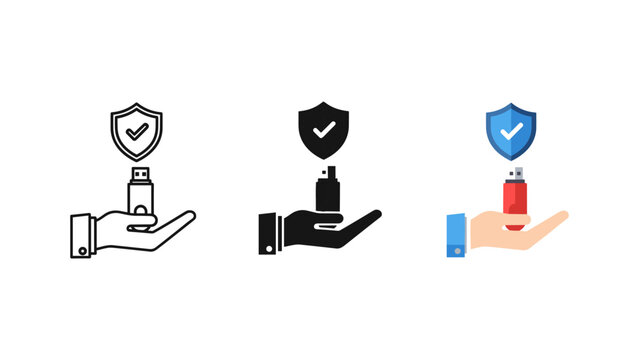 Hand holding protective shield and sanitizer bottle icon set with hand wash, public health