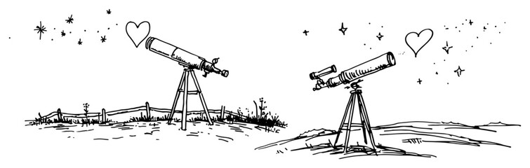 Naklejka premium Astronomical telescope looking at starry sky with heart symbol in hand drawn sketch style