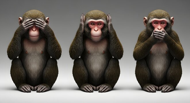 Three Playful Monkeys Covering Eyes Ears and Mouths in a Row.