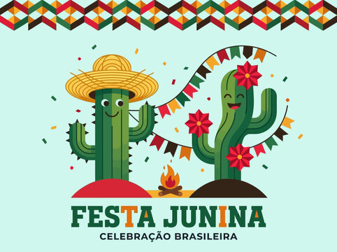 Festa Junina Brazilian Festival Illustration with Cute Cactus Characters, Bonfire, and Colorful Bunting - Celebra&ccedil;&atilde;o Brasileira Poster