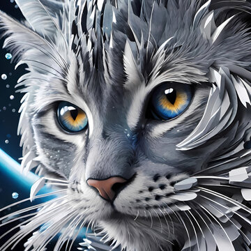 Digital art portrait of a majestic grey cat with heterochromia blue and yellow eyes featuring stylized sharp fur textures and a dark cosmic background