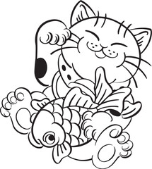 Obraz premium Maneki Neko Holding Koi Carp – Japanese Style Illustration - Tattoo Stencil T.shirt Print