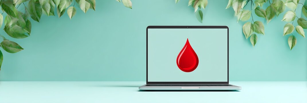 Laptop computer displaying red hematology drop icon representing digital healthcare services and online medical laboratory results placed on clean mint surface with fresh green leaves