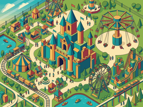 Isometric Illustration of a Colorful Amusement Park with Castle, Ferris Wheels, and Roller Coasters