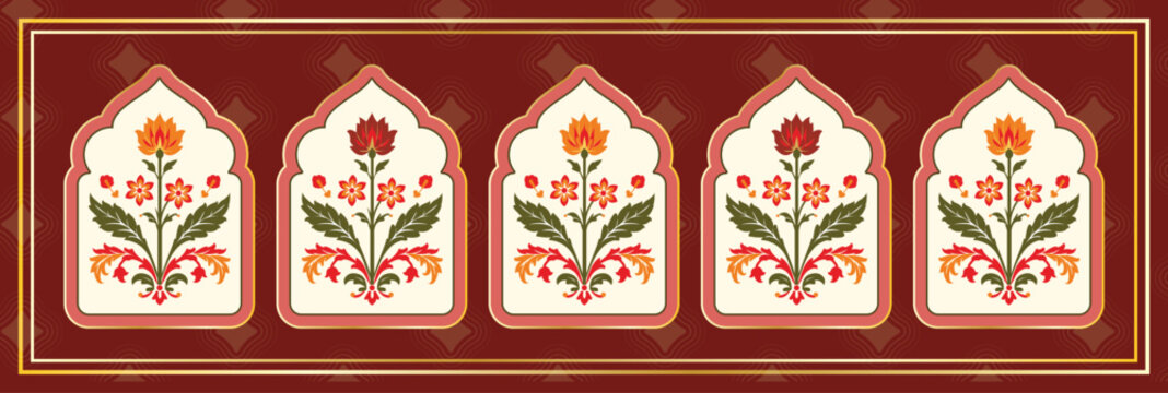 Vintage Rajasthani Jharokha Pattern with Ornate Flower Boota Motifs Illustration