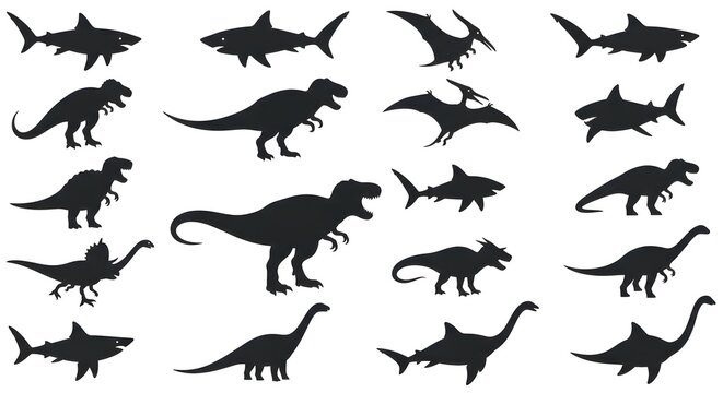 Collection of Dinosaur and Shark Silhouettes for Graphic Design.