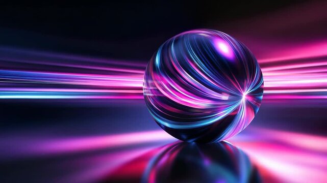 A glowing sphere sits in the center as colorful light streaks move around it. Bright colors create patterns that shift and change. This interesting visual plays with light and shadow