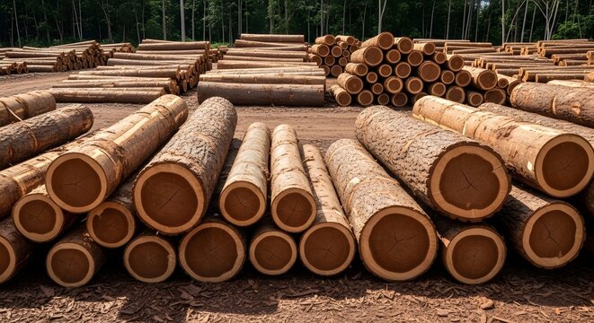 Stacked Wooden Logs in Lumber Yard for Construction and Industry Use.