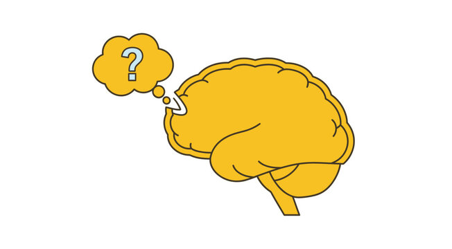 Yellow brain illustration with cognition text and question mark on transparent background