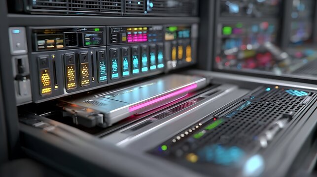 Advanced data center server hardware featuring futuristic modular components with glowing LED indicators for high performance computing and cloud storage infrastructure systems