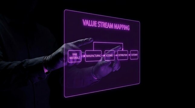 Hand interacting with a futuristic holographic display showing a value stream map.