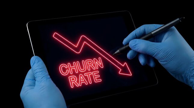 Hand in blue glove holding tablet displaying neon red CHURN RATE text with downward arrow.