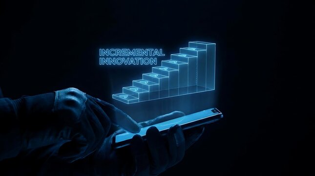 Futuristic holographic stairs representing incremental innovation and progress on a digital device.