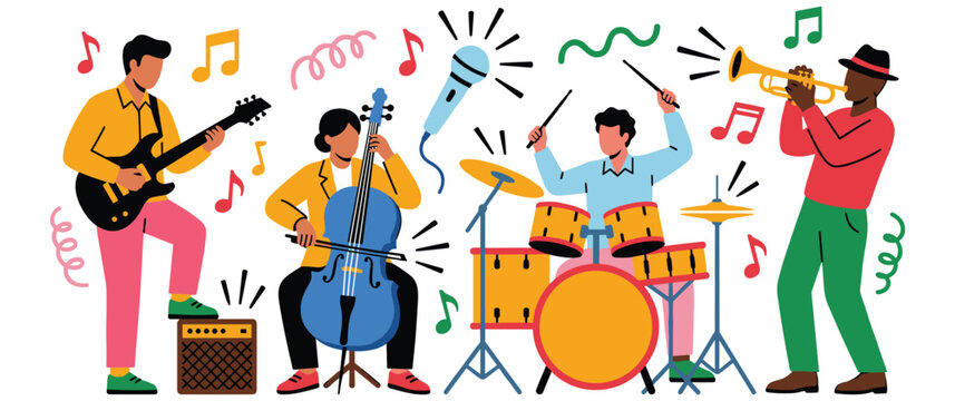 Music band playing various instruments, live performance.
