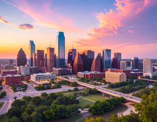 Naklejka premium Stunning Austin Texas Skyline at Sunset with Vibrant Clouds.