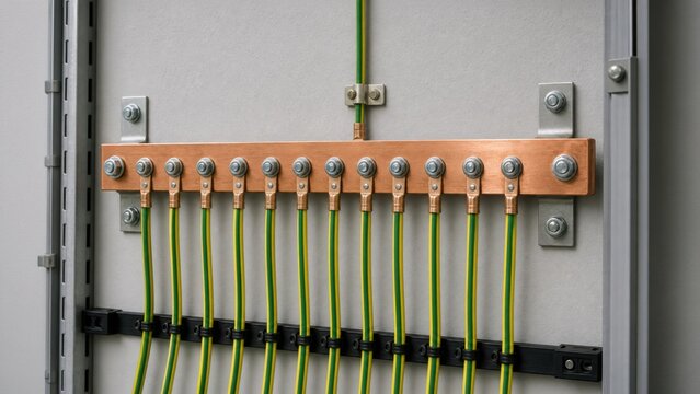 A copper busbar with green and yellow grounding wires connected inside an electrical panel. Focus on electrical safety and connections.