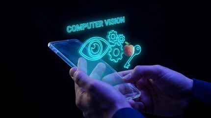 Fototapeta premium Human hand holding smartphone displaying glowing computer vision interface with eye and gears.
