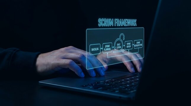 Hands typing on laptop with digital scrum framework diagram on screen.
