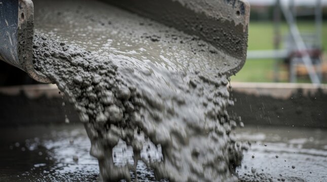 A close-up view of wet concrete pouring from a chute. Liquid cement slurry flows onto a construction site, forming a new foundation.