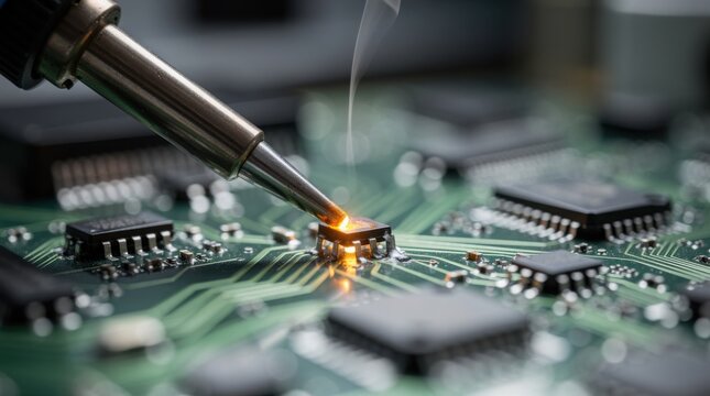 A close-up of a soldering iron tip heating a component on a green printed circuit board (PCB), with a wisp of smoke rising from the connection.