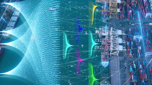 Glowing digital data streams and AI management networks overlaid on a commercial cargo container ship port. Smart maritime logistics, artificial intelligence supply chain, and future shipping tech