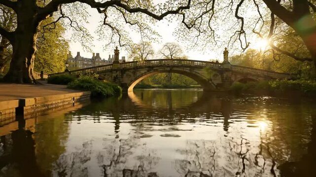 Scenic view of a classical stone arch bridge spanning a calm lake in a park during golden hour with birds chirping